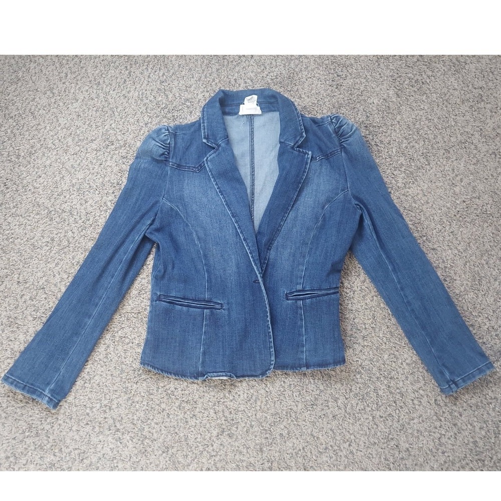 For The Republic Blazer Womens M Blue Denim Puff Shoulder One Button Jacket